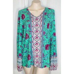 Belle Boho Kim Gravel M Colorful Exotique Border Print Stretch Rayon Knit Top